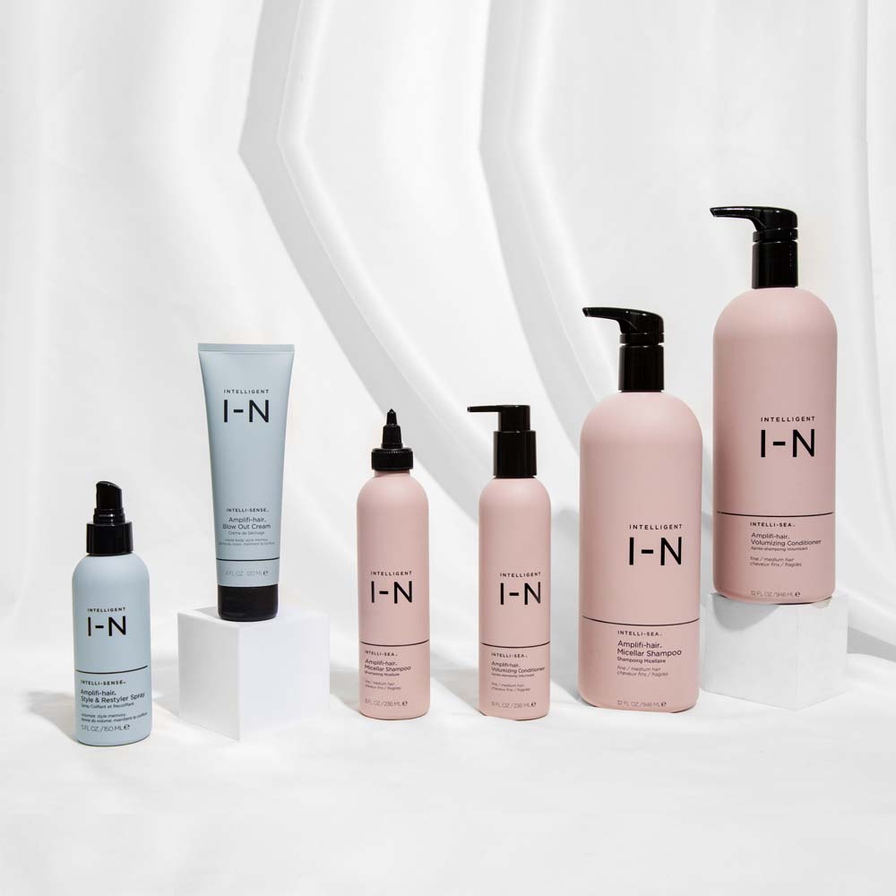 Natural plant based Amplifi-hair Micellar Volumizing Shampoo & Volumizing Conditioner blow out cream and restyler spray for fine limp flat hair adds volume